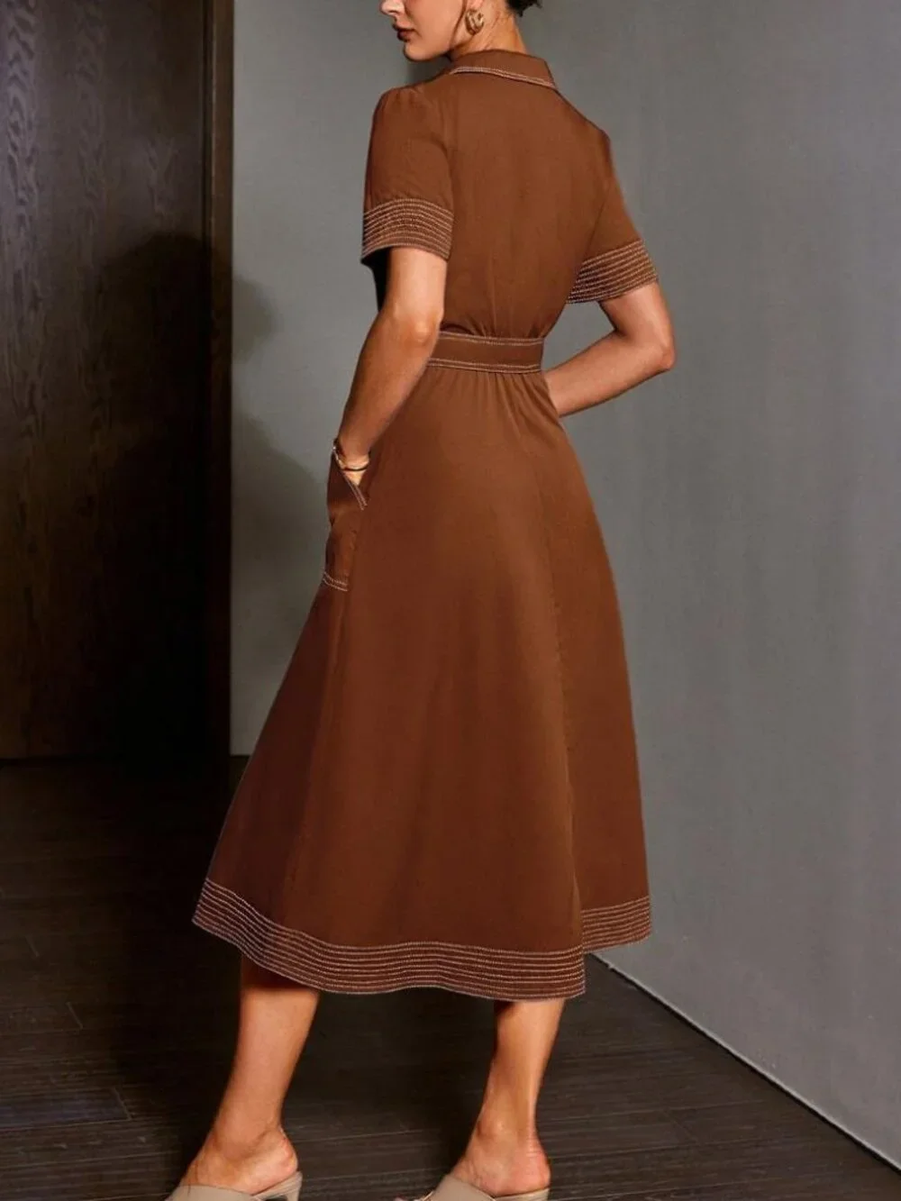 Vintage Inspired Brown Midi Shirt Dress | Elegant Collared Button Front Belted - Picture 4 of 6